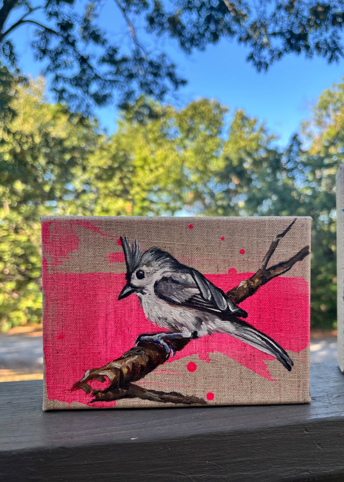 Tufted Titmouse on Linen - Original 5x7