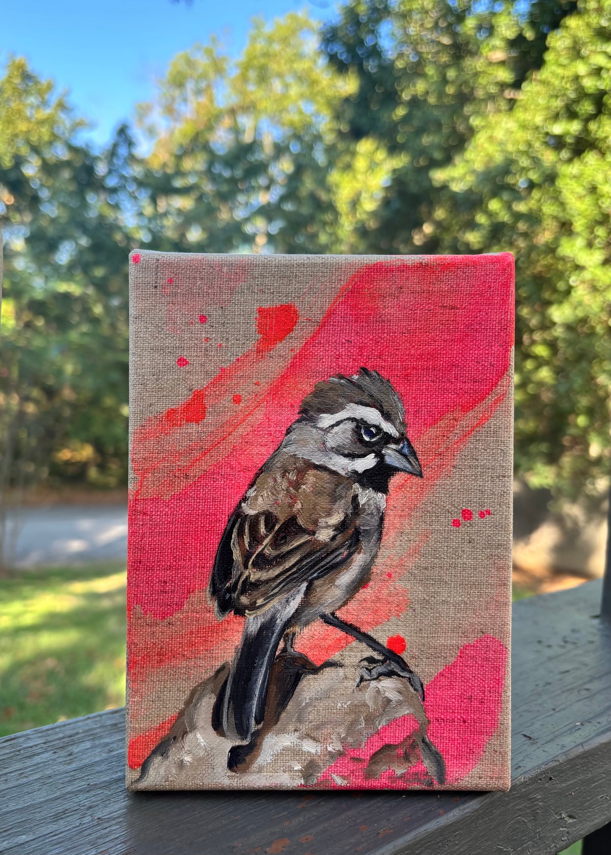 Black Throated Sparrow on Linen - Original 5x7