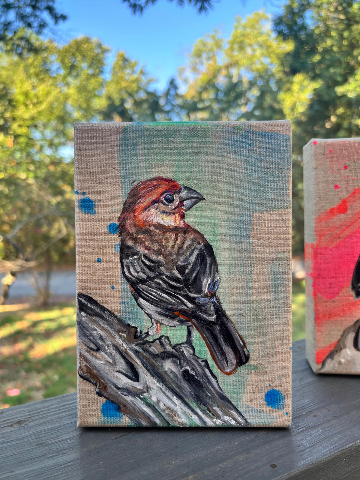 House Finch on Linen - Original 5x7 (Copy 2)
