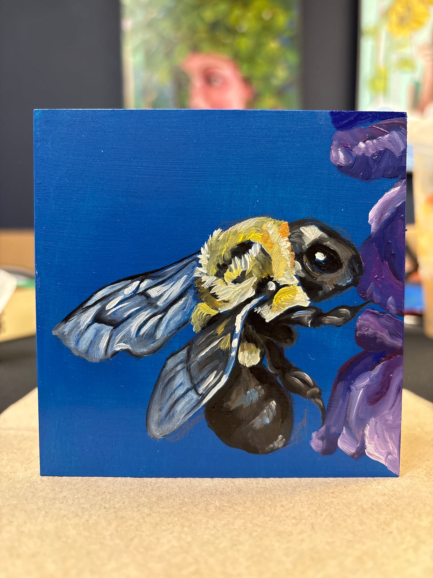 Bee on Blue - 4x4 Original