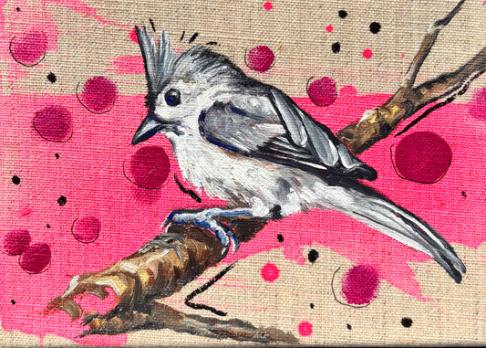 Tufted Titmouse on Linen - Original 5x7
