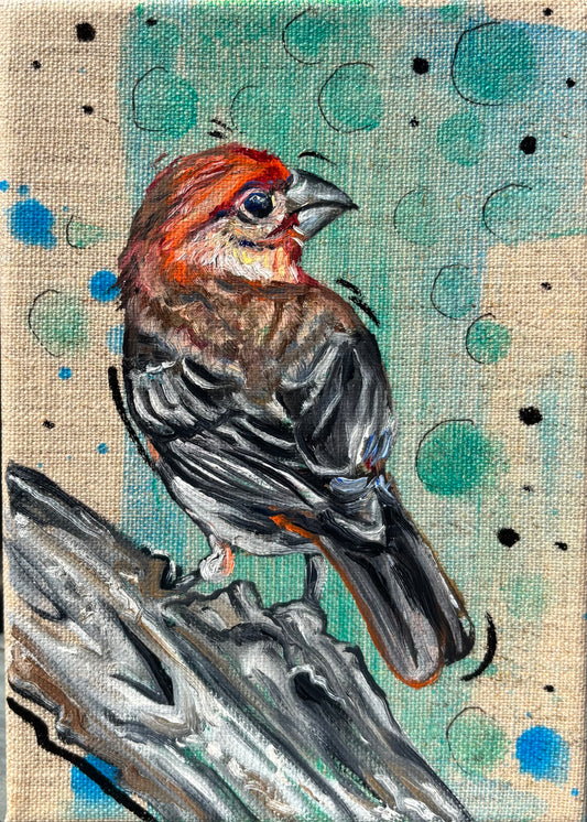 House Finch on Linen - Original 5x7 (Copy 2)
