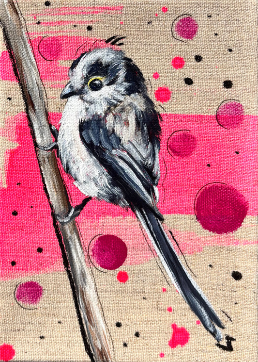 Long Tailed Titmouse on Linen - Original 5x7