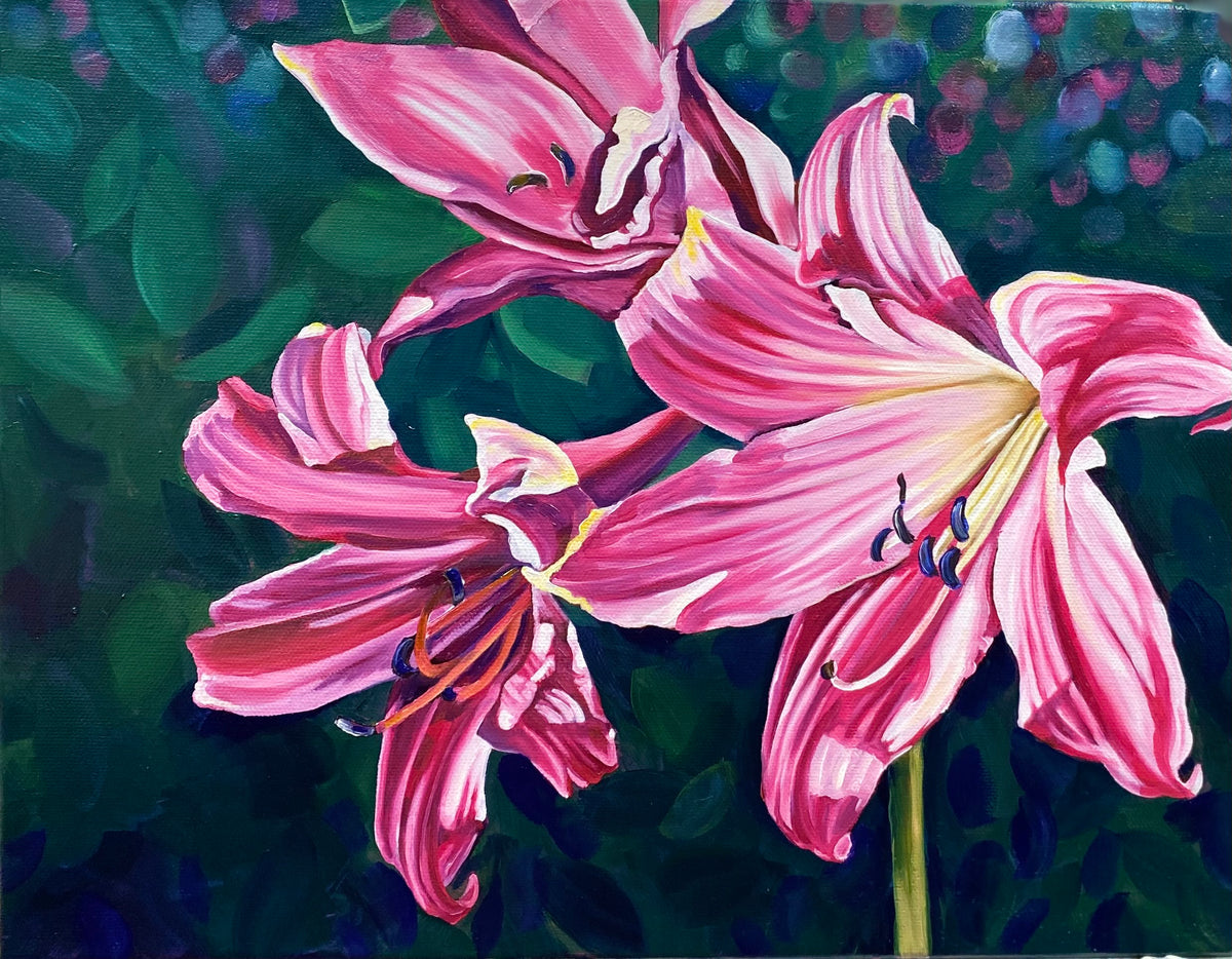 Three Pink Lilies - ORIGINAL 11x14 inches