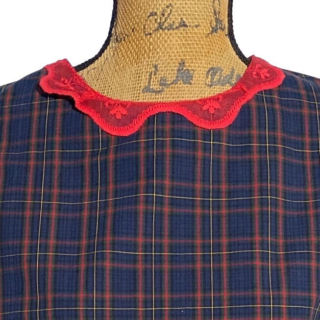 Womens L Top Navy Plaid Lace Collar REFASHION