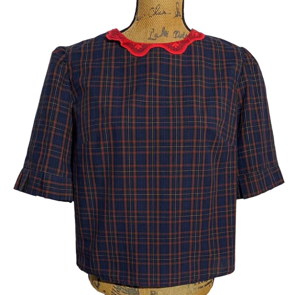 Womens L Top Navy Plaid Lace Collar REFASHION