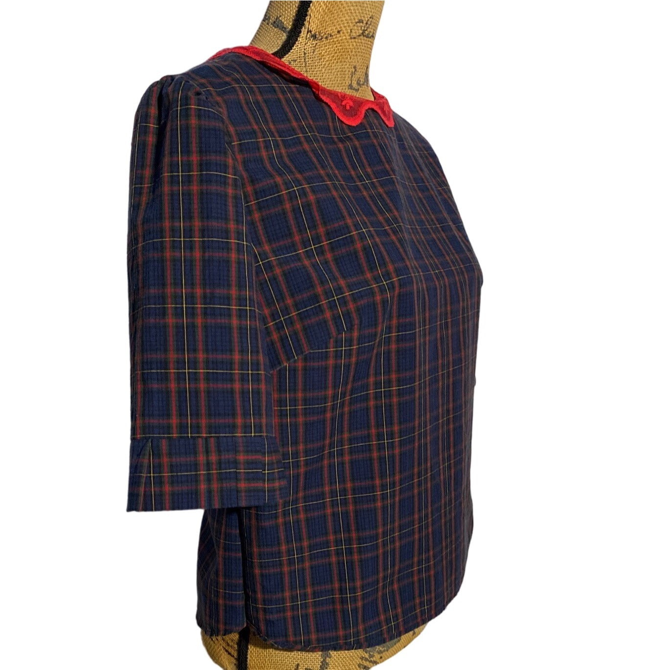 Womens L Top Navy Plaid Lace Collar REFASHION